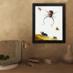Infidu vintage wall art featuring detailed insects, including a beetle, butterfly, and smaller bugs, set against an off-white background with a touch of wild landscape. displayed on the wall art in a black frame