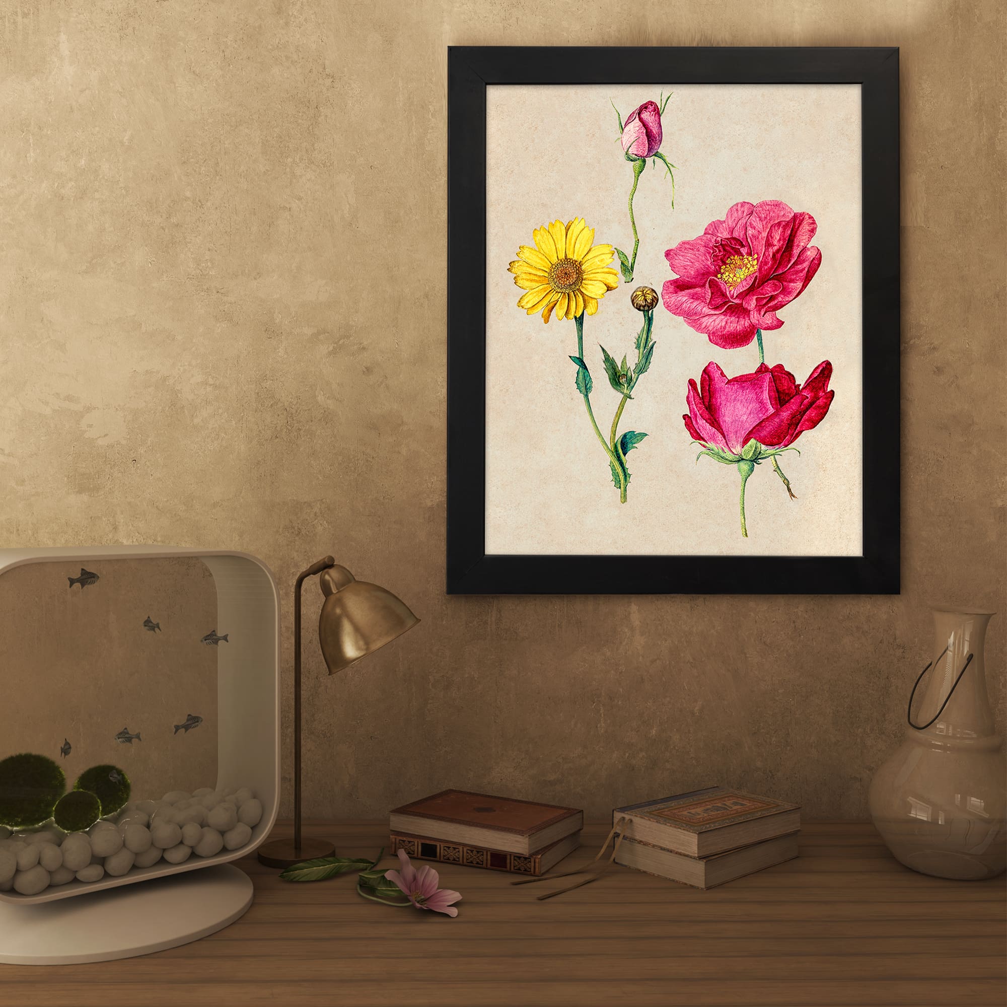 Vintage wall art with colorful flowers and a yellow daisy on a beige background, framed in black. displayed on the wall