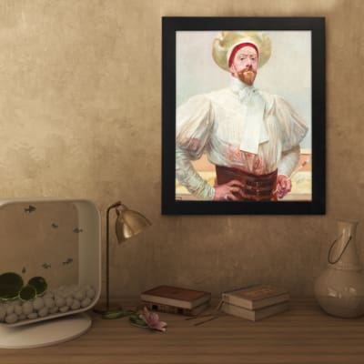 Vintage wall art of a gentleman in classic attire with pastel tones. displayed on the wall