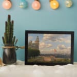 Vintage wall art of a coastal town with sailing ships, historic buildings, and soft blue sky by Infidu. displayed on the wall