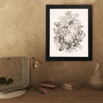 Infidu Vintage Black & White Floral Sketch Wall Art featuring intricate floral design with rich texture and shading. displayed on the wall