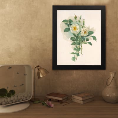 Infidu vintage wall art featuring white roses with yellow centers and green leaves on a soft beige background in a classic black frame. displayed on the wall