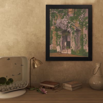 Cozy house with ivy and blooming vines, vintage wall art with soft beige walls, a chair, a table, and purple flowers. displayed on the wall