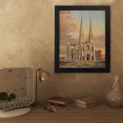 Majestic cathedral at sunset with pointed spires and warm-toned sky in vintage wall art design. displayed on the wall