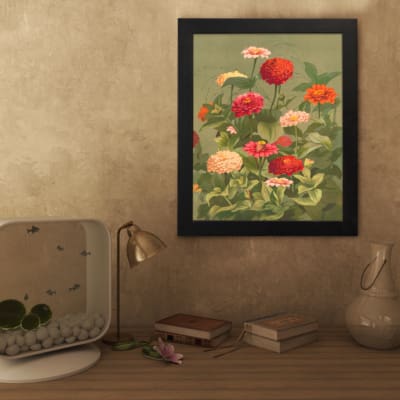 Vintage wall art featuring vibrant flowers in red, orange, and pink, with lush green stems and leaves, framed in black. displayed on the wall