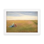 Vintage wall art of two women sitting in an open field under a bright, cloudy sky with soft green and yellow tones. hung on the wall