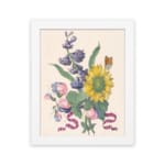 Infidu vintage wall art featuring a vibrant sunflower with soft blue and pink flowers, green leaves, and a delicate butterfly. hung on the wall on a white background
