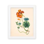 Vintage floral wall art with orange-red flower and green twisting vines on a beige background. hung on the wall