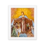 Vintage wall art of the Virgin Mary protecting people under her cloak in earthy tones. hung on the wall
