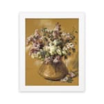 Vintage floral bouquet in a golden vase on a yellow background. hung on the wall