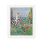 Vintage wall art of a woman in a garden with pastel flowers, ocean view, and soft countryside details. hung on the wall