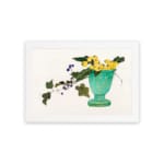 Infidu vintage wall art featuring a blue-green vase with bright yellow flowers, lush green leaves, and delicate purple berries against a light background. hung on the wall on a white background