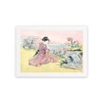 Infidu vintage wall art featuring a graceful Japanese woman in a traditional kimono with intricate patterns and soft colors. hung on the wall on a white background
