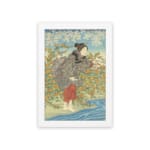 Infidu vintage wall art featuring a Japanese woman in a kimono with intricate details, set against a scenic background of blue sky, flowers, and water. hung on the wall on a white background