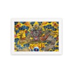 Infidu vintage wall art featuring a majestic dragon in gold, red, and silver tones, surrounded by blue clouds and fiery red flames on a vibrant yellow background. hung on the wall on a white background