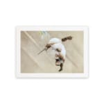 Infidu vintage wall art featuring a graceful hummingbird in flight against a soft brown background with soothing, natural tones. hung on the wall on a white background