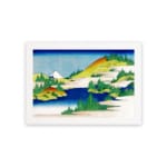 Infidu vintage wall art featuring a serene mountain lake with towering peaks, calm reflective waters, and surrounding trees. hung on the wall on a white background