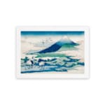 Vintage wall art of Mount Fuji with white cranes and flying birds in a peaceful nature scene. hung on the wall