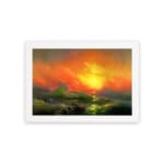 Infidu vintage ocean sunset wall art with fiery sky, waves, and glowing sun in bold colors of orange, red, yellow, and green. hung on the wall