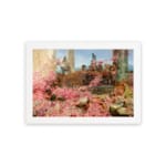 Vintage garden scene with pink flowers, classical figures, and elegant background from Infidu wall art collection. hung on the wall