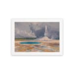 Vintage art of hot spring and erupting geyser with cloudy sky. hung on the wall