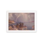 Vintage wall art of a calm lake with a rainbow, mountains, and soft sunlight. hung on the wall