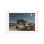 Infidu vintage wall art featuring a mysterious scene of a lion standing beside a sleeping person under a full moon in a serene, dreamlike landscape. hung on the wall on a white background