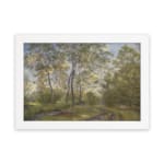 Infidu vintage wall art showing a peaceful forest path in soft green tones with trees, a dirt trail, and a blue sky. hung on the wall