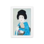 Vintage wall art of a graceful Japanese woman in a soft-toned kimono holding a fan. hung on the wall