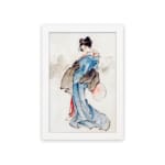 Vintage wall art of a Japanese woman in a soft blue kimono with a fan, styled with calm brush strokes and traditional details. hung on the wall