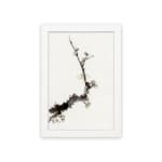 Minimal blossom branch vintage wall art in black and light brown on white background. hung on the wall