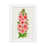 Vintage botanical wall art of pink flowers with red centers and green leaves on a soft off-white background. hung on the wall