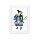 Vintage wall art of a Japanese warrior in colorful armor holding a bow with arrows, set against a white background with a black border. hung on the wall
