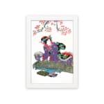 Vintage wall art of a Japanese woman in a purple kimono beneath cherry blossoms. hung on the wall