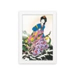 Elegant East Asian woman in floral attire with soft botanical background in vintage wall art print. hung on the wall