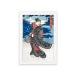 Japanese woman in black kimono with red accents, bold blue sky and red vertical banner in vintage art style. hung on the wall
