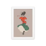 Vintage wall art of a dancing woman in red top and green dress with a beige background, inspired by classic early 1900s poster style. hung on the wall