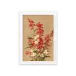 Vintage botanical wall art with red and white flowers and green leaves on a tan background. hung on the wall