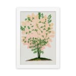 Infidu vintage wall art of a delicate pink blossom tree with green leaves and a white background. hung on the wall