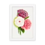 Infidu vintage wall art featuring three large flowers in purple, white, and coral pink with green leaves and a soft watercolor background. hung on the wall