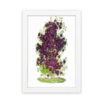 Vintage floral wall art with purple blossoms, yellow centers, and green leaves on a white background. hung on the wall