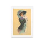 Vintage wall art of an elegant 20th-century lady in a blue hat and dark dress with a white stole on a beige background. hung on the wall