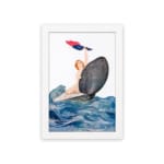 Vintage wall art of a woman riding a seashell over bold ocean waves with red and blue cloth, in a dramatic and whimsical seaside scene. hung on the wall