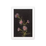 Vintage floral wall art with pink and purple flowers on white background by Infidu hung on the wall