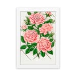 Vintage pink rose wall art with green leaves and trellis design. hung on the wall