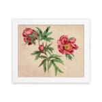 Infidu vintage wall art of blooming pink flowers with green leaves on a warm beige background. hung on the wall
