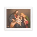 Vintage wall art of Jesus, Mary, and children in a peaceful religious family scene with warm tones and classic style. hung on the wall