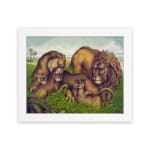 Vintage wall art of a lion family relaxing in a grassy field with earthy tones and a calm, natural background. hung on the wall