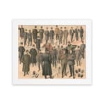 Vintage wall art print featuring classic men’s fashion in suits and hats with a soft beige background. hung on the wall