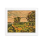 Infidu Countryside vintage wall art showing a sunset glow over winding paths, green hills, trees, people, cows, and horses by a calm river. hung on the wall